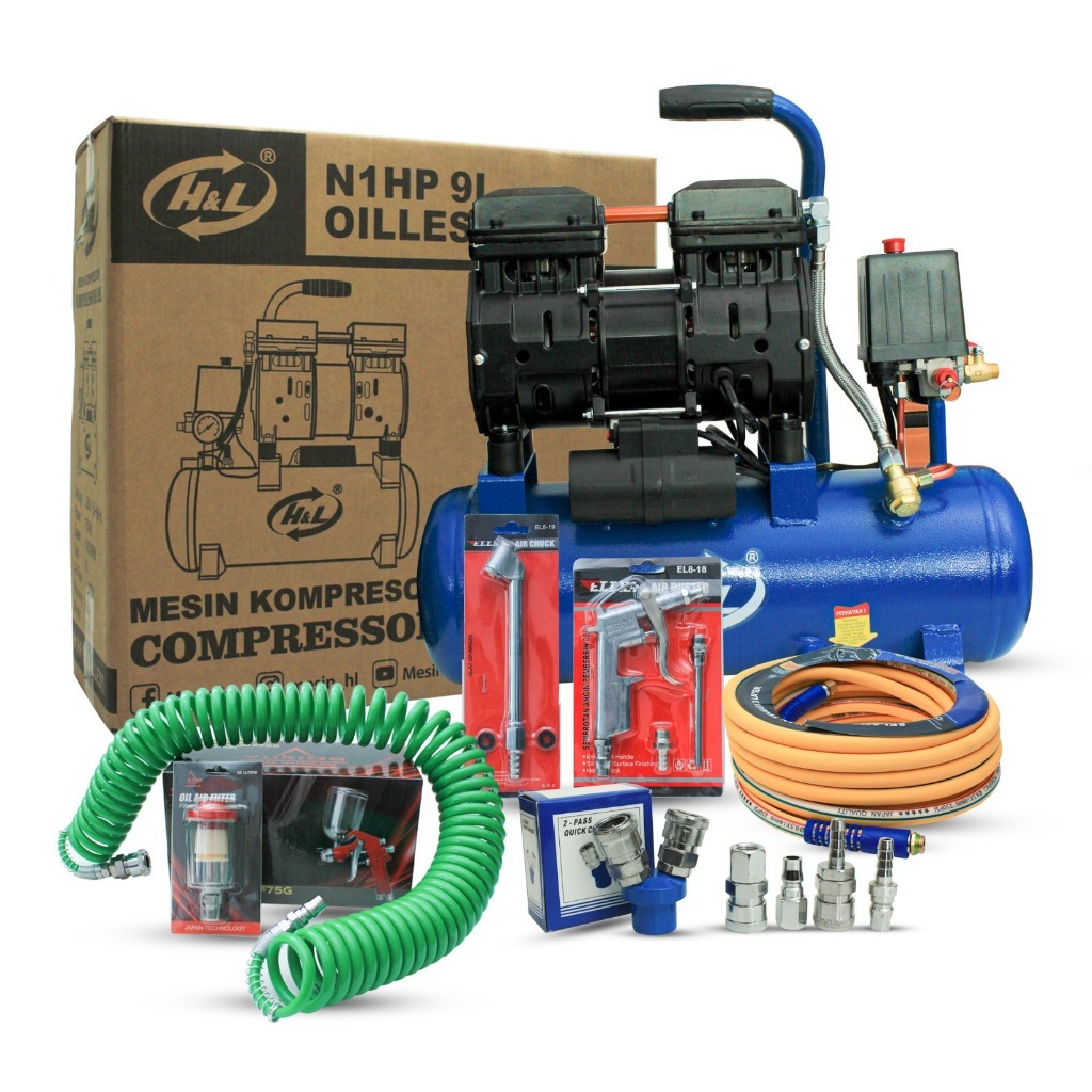 NEW KOMPRESOR PAKET KOMPLIT PERLENGKAPAN CAT OILLESS 1 HP 9 LITER / Mesin Kompressor Oilless 1HP Kom