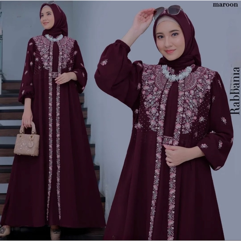 Rabania Dress / Gamis Wanita Bahan Ceruty Babydoll Mix Bordir Jumbo Ukuran M L XL XXL / Gamis Bordir