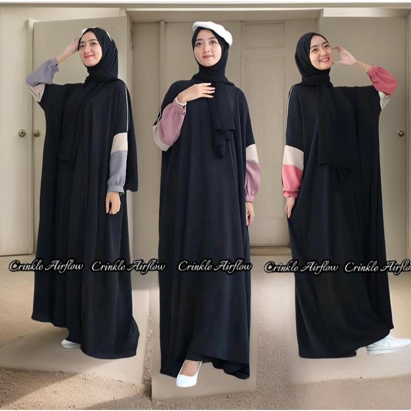 Abaya Hitam Kombinasi  Warna Bahan Crinkle Airflow Ld 140