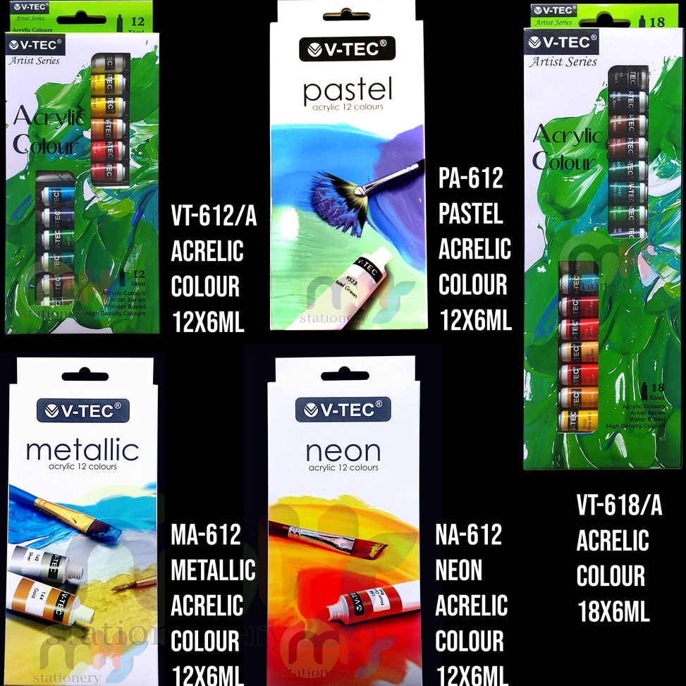 

KODE N7S Cat Lukis Acrylic Color Cat Akrilik VTEC 6 ML 12 18 Warna Set Paint VT612A VT618A VTEC Pastel Neon Metallic PA612 NA612 MA612