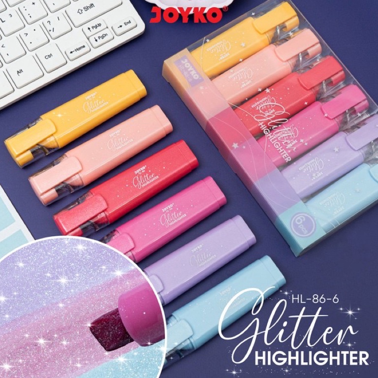 

KODE C84Y Highlighter Penanda berwarna Joyko GLITTER PASTEL 1 set isi 6 pcs