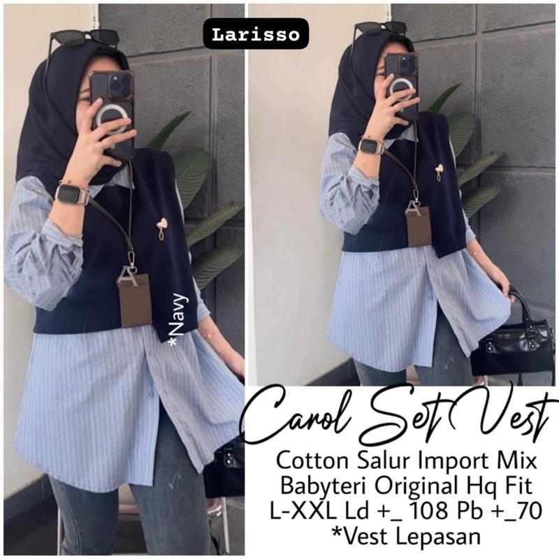 Carol set vest by LARISSO (atasan blouse set dengan vest, motif stripe mix polos, bahan cotton salur