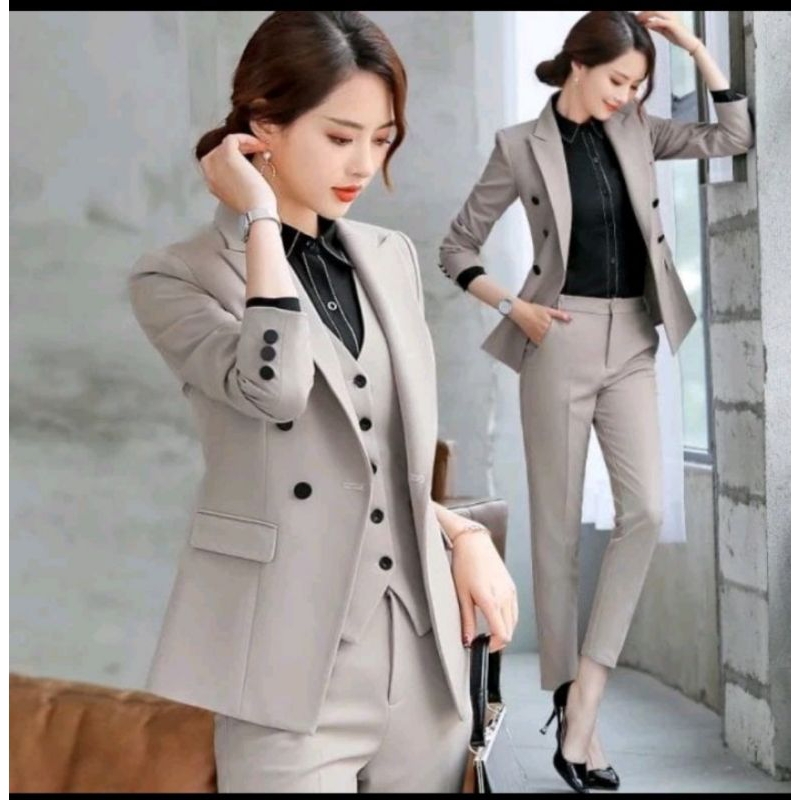 Setelan Jas Blazer Celana Dan Rok Kerja Wanita Model Korean Terbaru Kancing Enam/ Kantor