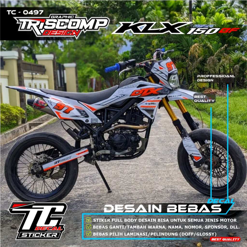 Decal Custom Motor KLX BF 150 Motif putih variasi orange bisa untuk DTRACKER / KLX Gordon / KLX lama