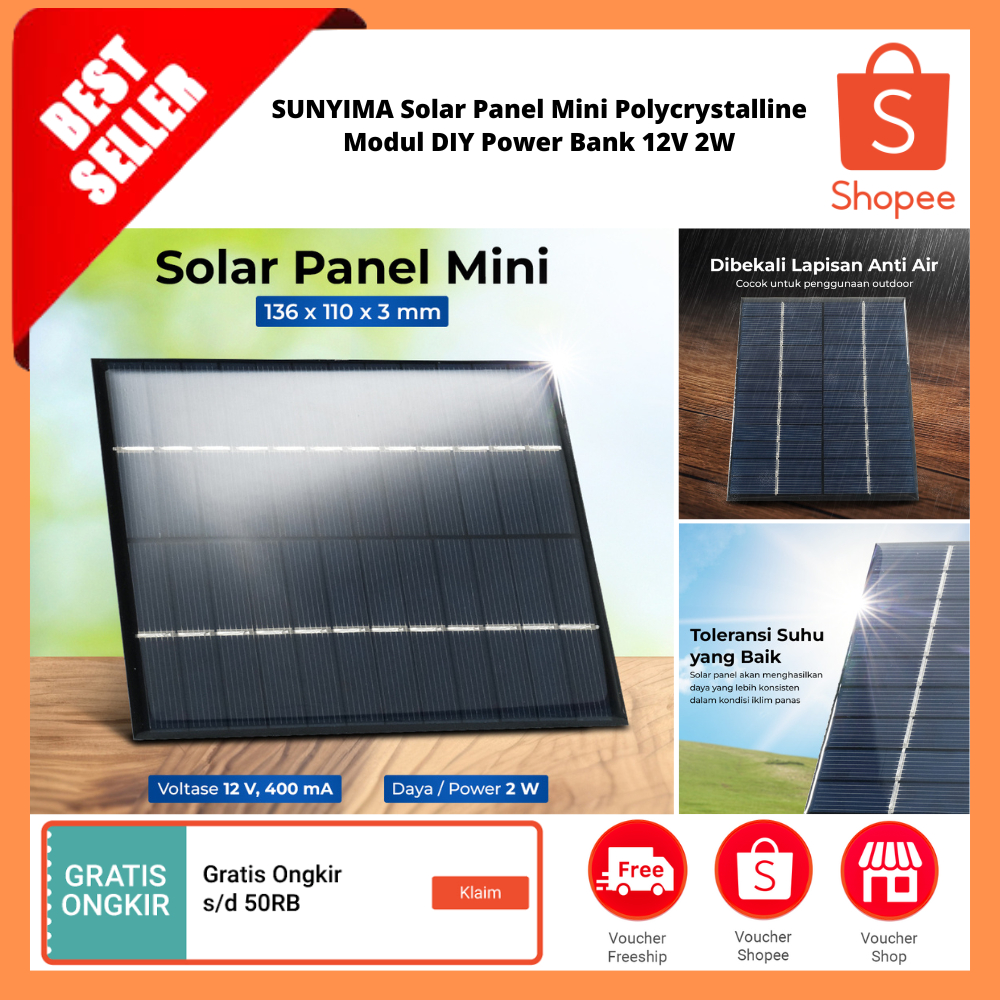 Solar Panel Mini Polycrystalline Modul DIY Power Bank 12V 2W / Panel Surya Mini untuk Pengisi Daya