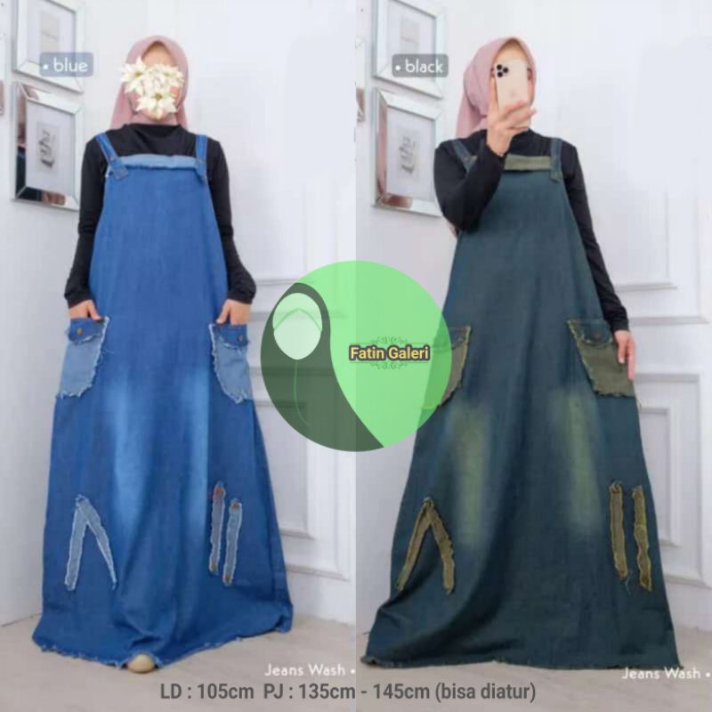 Promo Overall Rok Panjang Jeans Trendy Outer Rawis Wanita Muslim Kekinian Variasi Saku Tempel