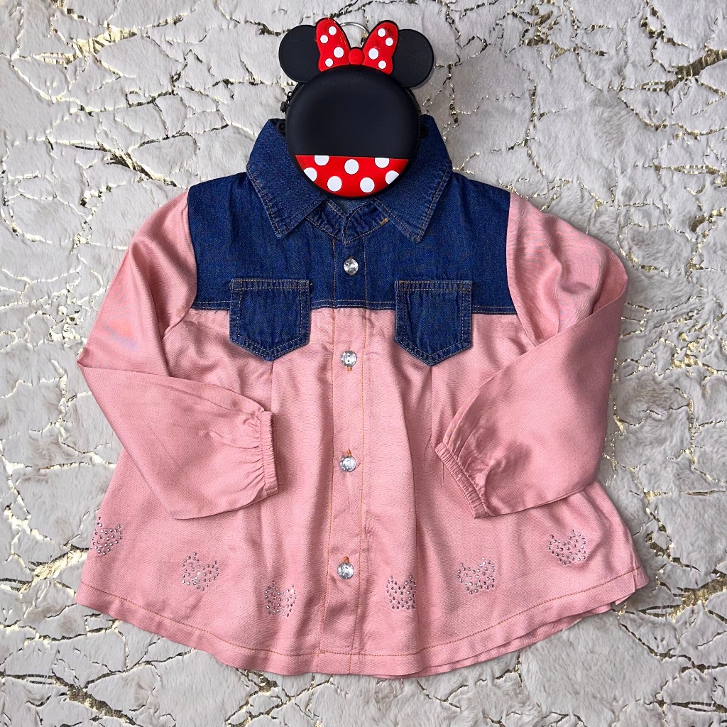 Kemeja Tunik Anak Perempuan Lengan Panjang kombinasi Jeans dan bahan Katun