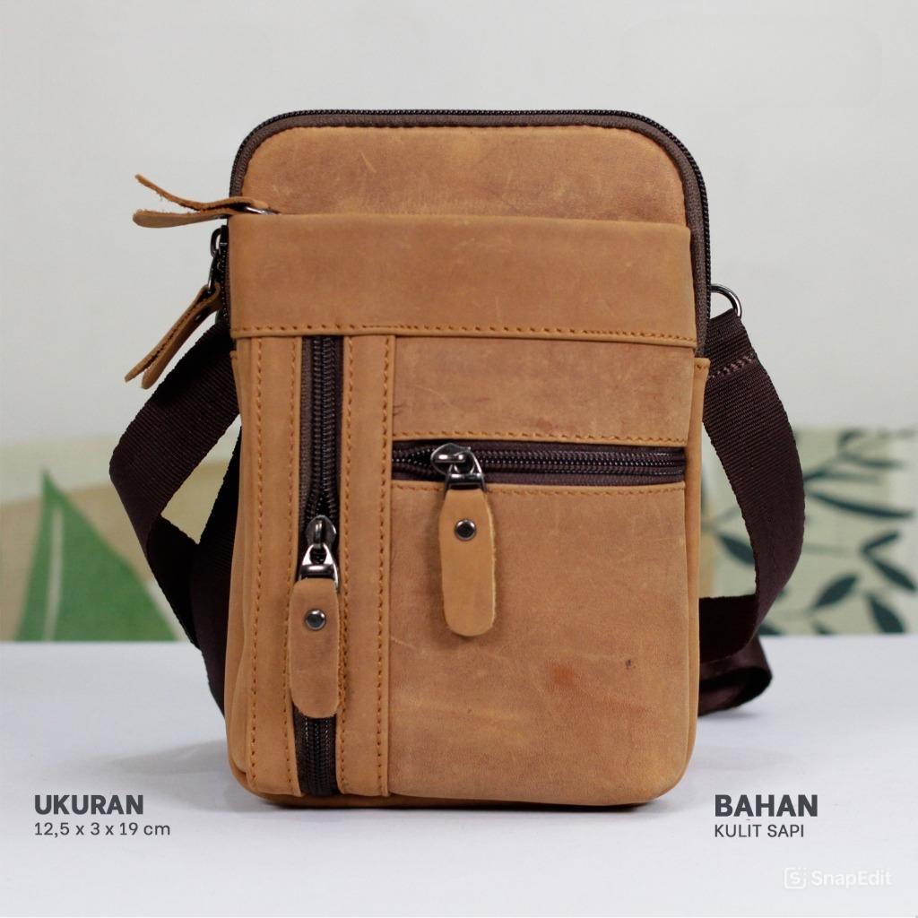 Tas Kulit Sapi Selempang Kecil Muat Tempat HP Pria Wanita