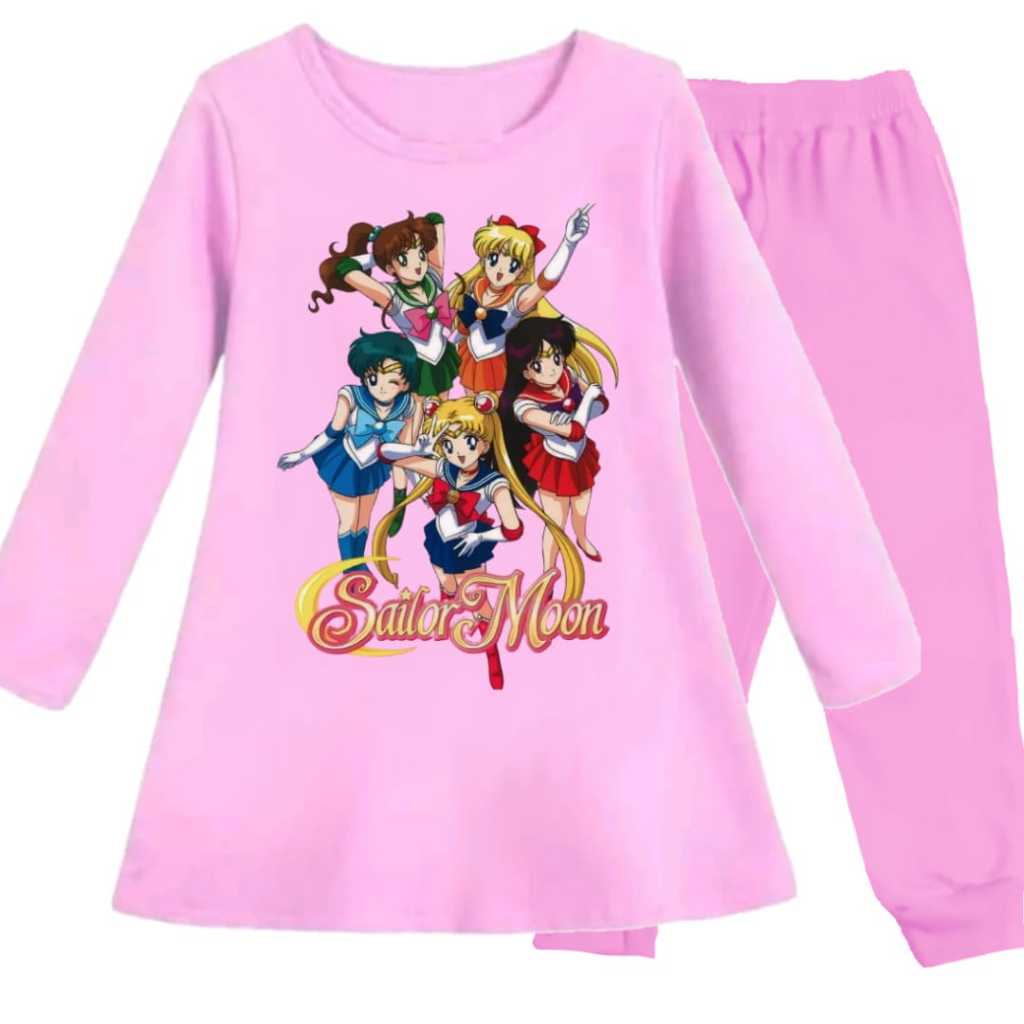 Stelan Dress Tunik Motif Gambar Kartun SAILOR MOON Lengan Panjang Oblong Set Anak Perempuan Atasan U