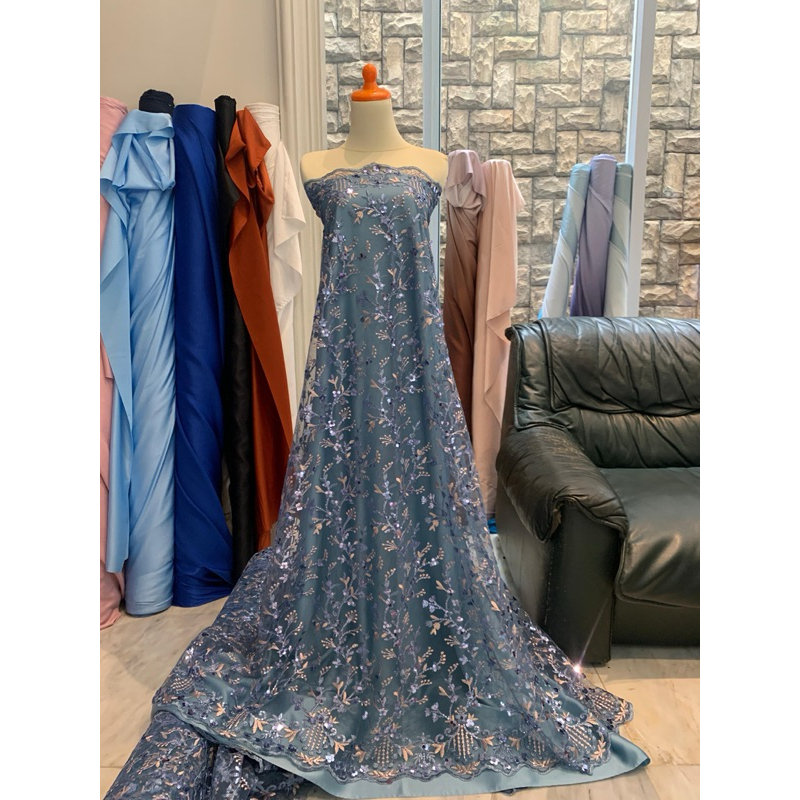 Bahan Brukat Tile Payet Sequin Motif Bunga Jasmine Mewah Warna Biru Blue Denim