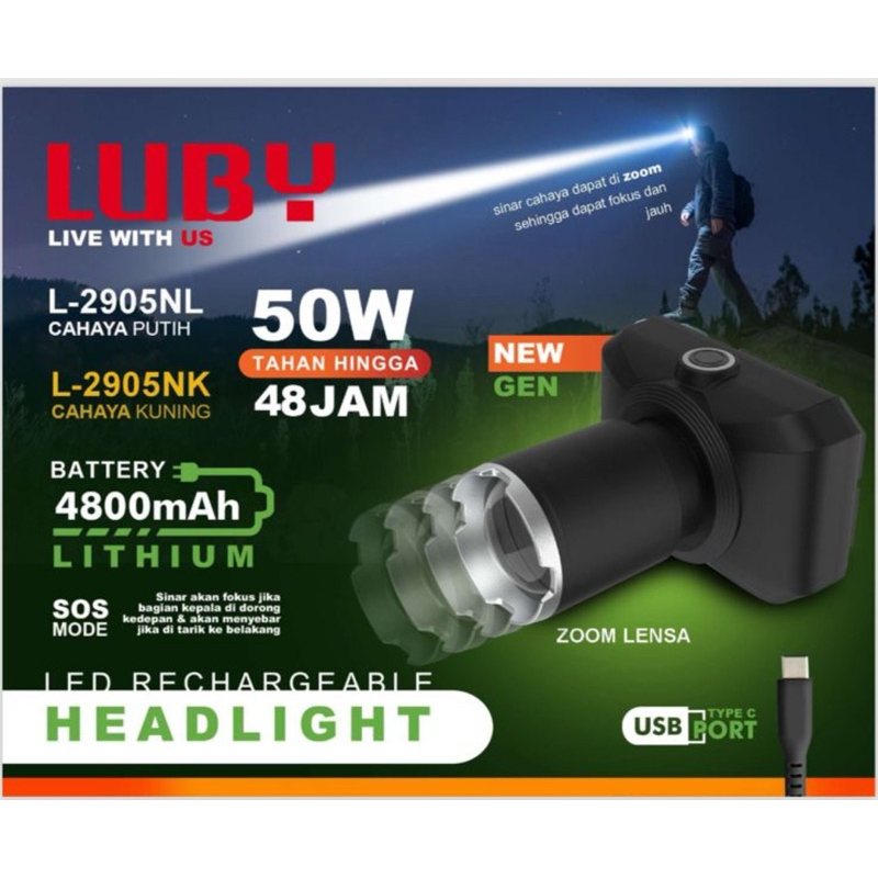 Senter kepala luby zoom super terang luby 50w L-2905 / head lamp luby L-2905 50w cahaya putih / sent