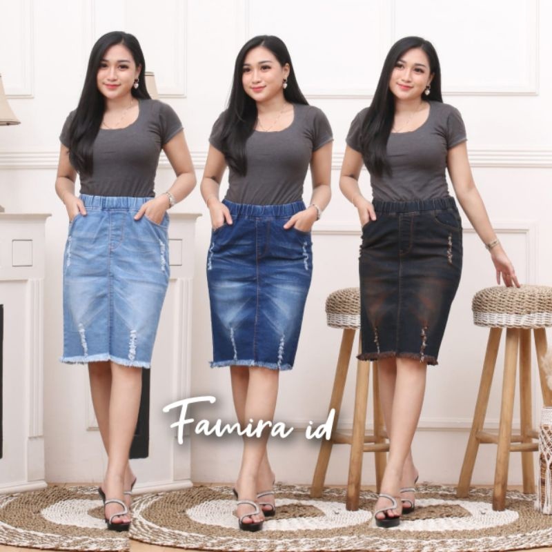 ROK MINI JEANS WANITA ROK PENDEK JEANS RUMBAI MELAR PINGGANG KARET STRETCH PREMIUM
