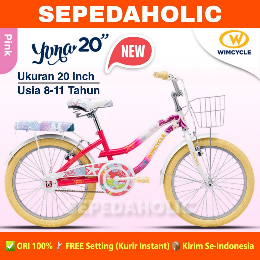 Sepeda Anak Remaja Perempuan WIMCYCLE YUNA NEW Ukuran 20 Inch Keranjang Usia 8-11 Tahun