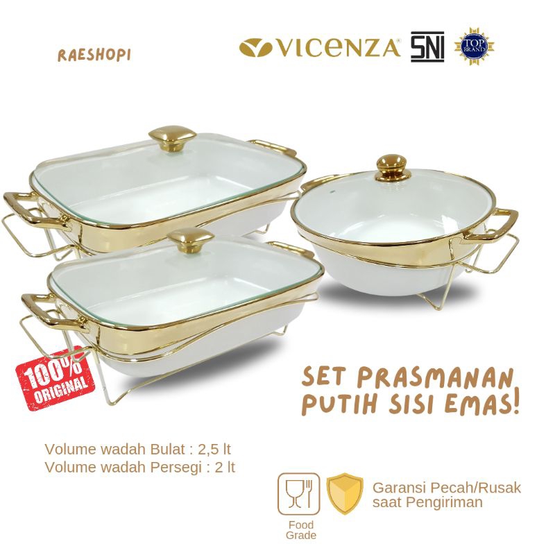 Vicenza Prasmanan Set Putih Sisi Emas 1 Bulat 2 Persegi/1 Ganda 2 Persegi (B760/B761/B762)
