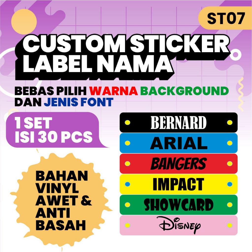 

ST07 Sticker Nama Vinyl Anti Basah Label Sticker anak Stiker buku Isi 30pcs Gratis Custom Nama