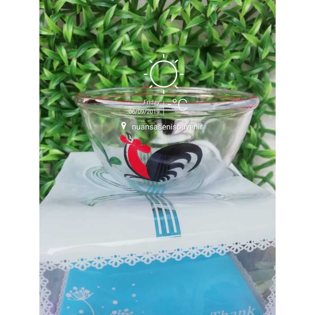 Mangkok Ayam Jago Kaca Cetak Nama / Souvenir Mangkok Kaca Cetak Gambar Ayam Jago
