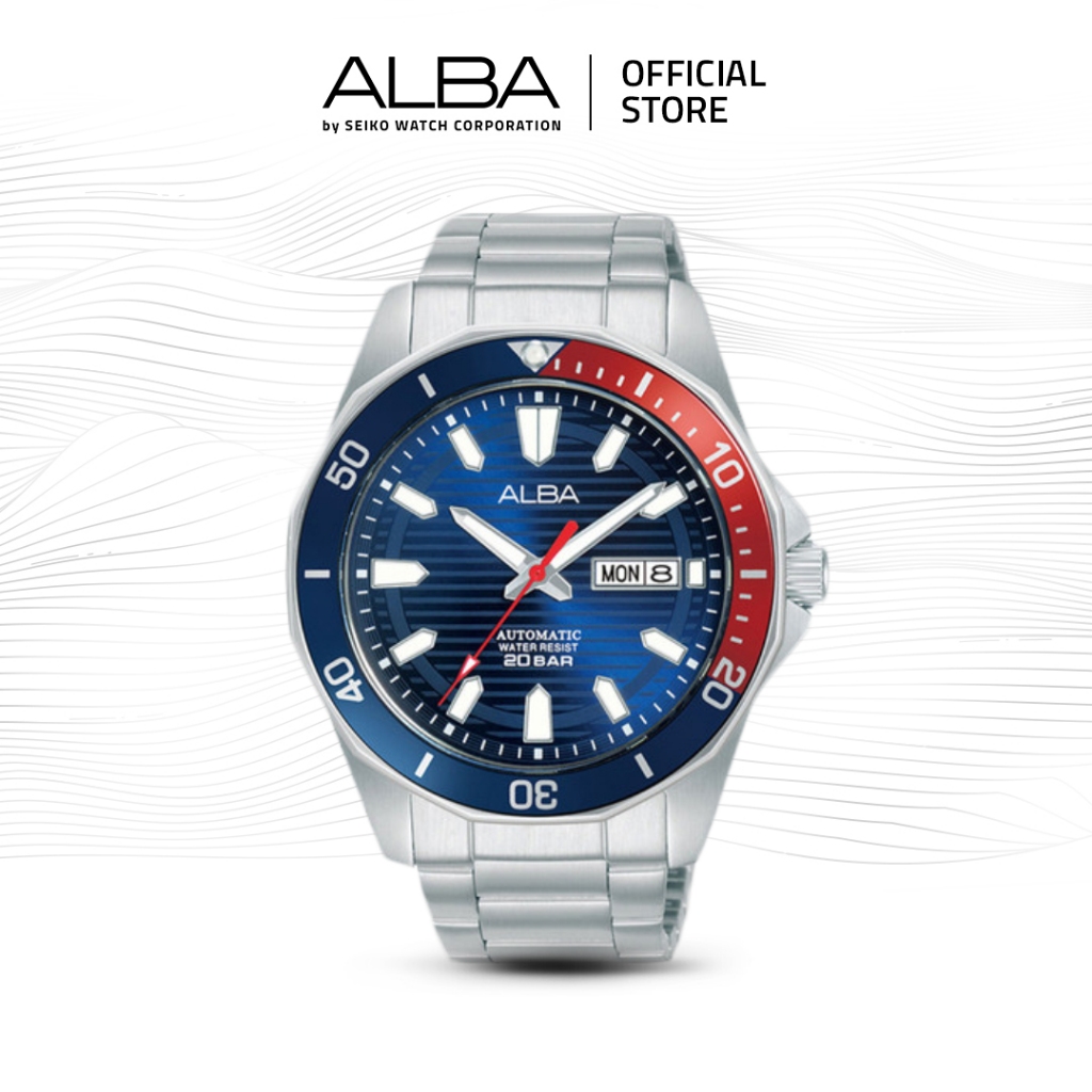 Alba Mechanical Jam Tangan Pria AL4455 / AL4455X1 Automatic Blue Pattern Dial Stainless Steel Strap 