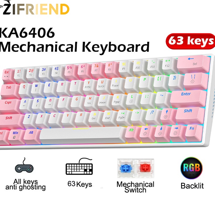 ZIFRIEND KA646 Mechanical Keyboard RGB Backlit Black White 6 Blue Red Switch Gaming Keyboard