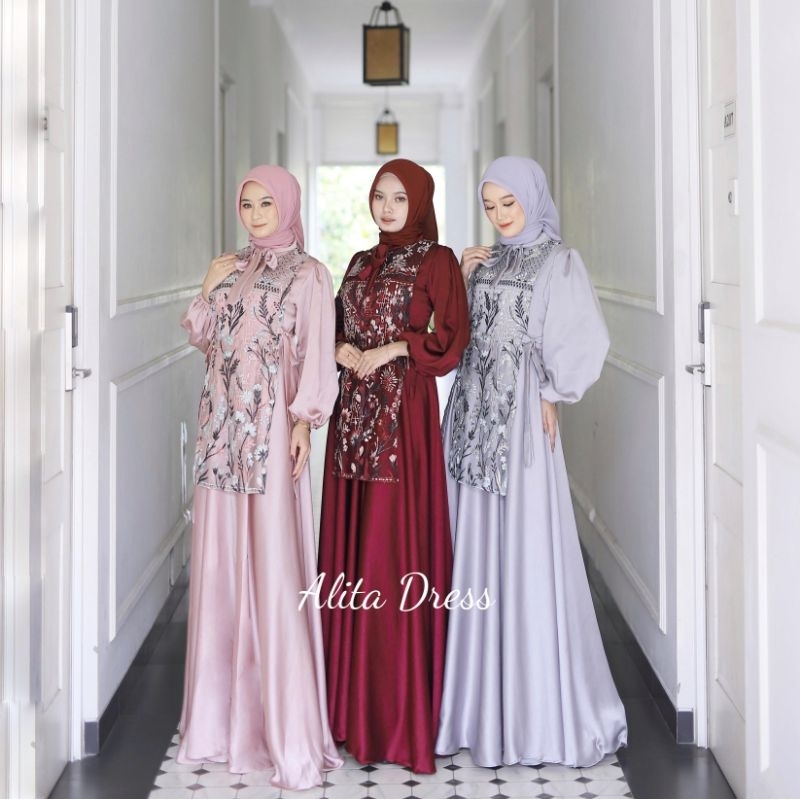 ALITA DRESS satin maxmara kombinasi brokat ekslusif dress rok mayung premium/dress pesta /dress wisu
