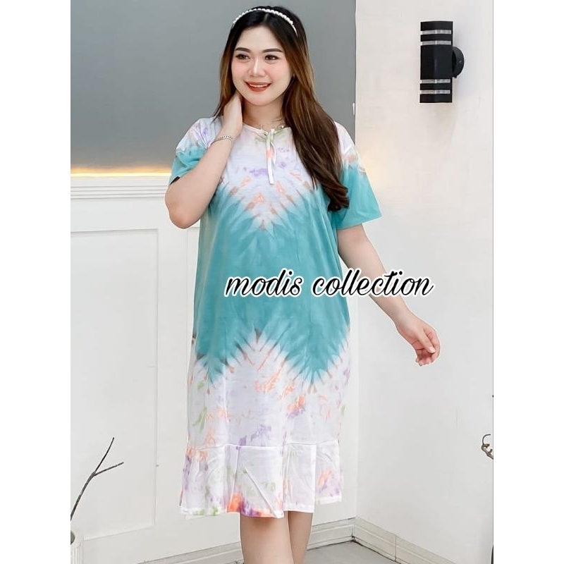 daster kaos pelangi bahan kaos tebal halus dingin molor motif Tie dye kombinasi sembur abstrak warna