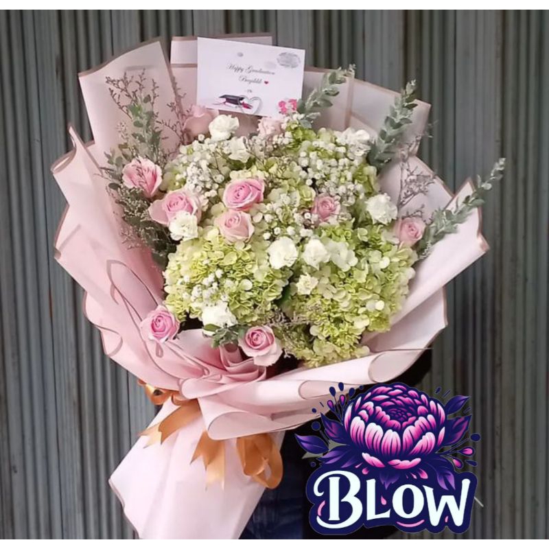 Buket Bunga Asli Hortensia + mawar pink