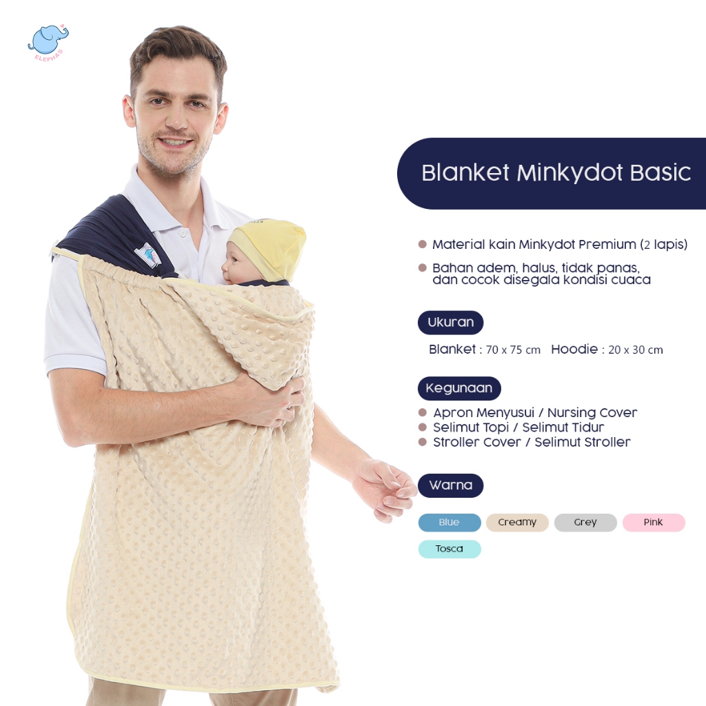 Elephas 3 in 1 Blanket Minky  Dot Basic Series - Selimut bayi premium hoodie blanket