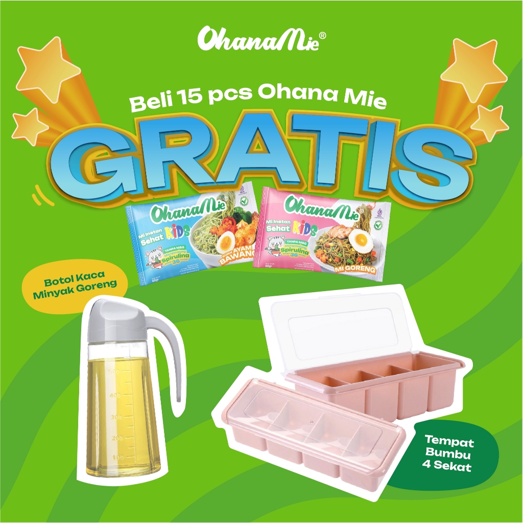 

Mie Instan Goreng dan Kuah Ayam Bawang Mie Anak Sehat Isi 15 Gratis Botol Minyak Goreng dan Tempat Bumbu Ohana Mie