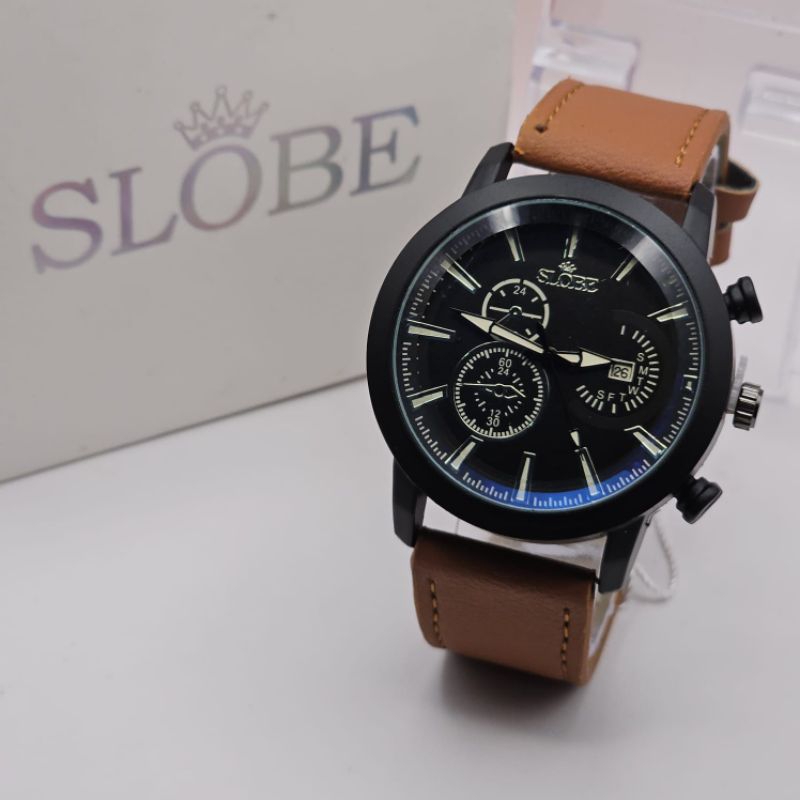 Jam Tangan Cowok Original Anti air Slobe Kulit Free box & Batre