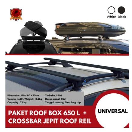 Paket roof box bagasi atas mobil slim 650 Liter + Crossbar roof reil