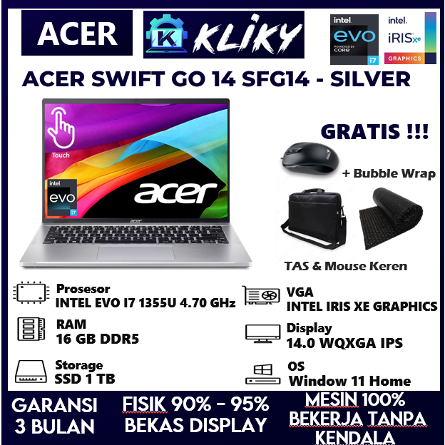 Laptop Ultrabook tipis Acer Swift 3 SFG14 Intel EVO core I7 Gen 13 Ram 16GB Ssd 1TB Layar 14 WUXGA T