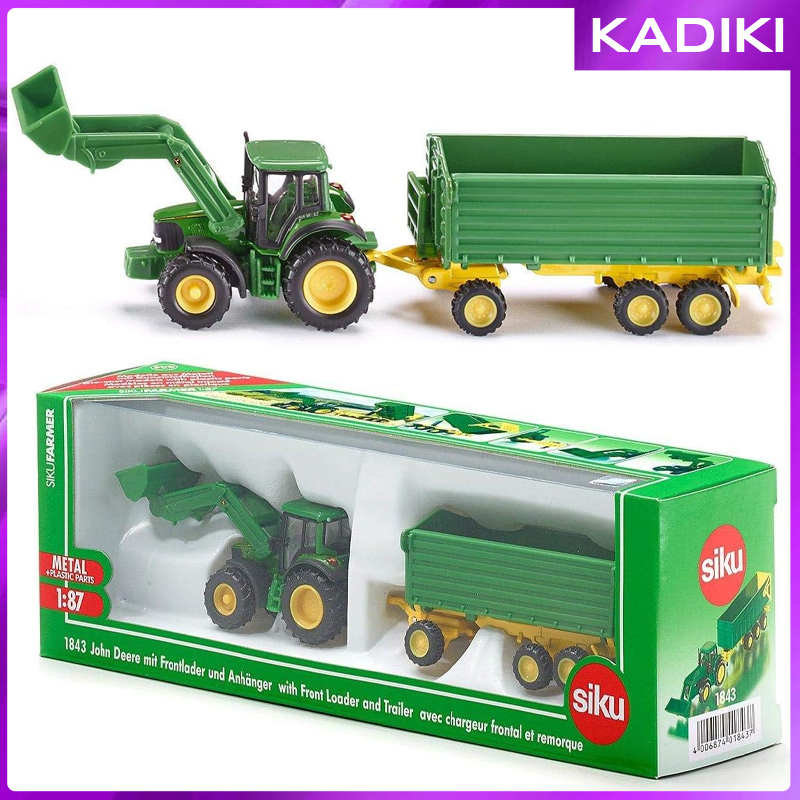 SIku Farmer John Deere with Front Loader and Trailer 1843 Diecast Tractor Pajangan Traktor