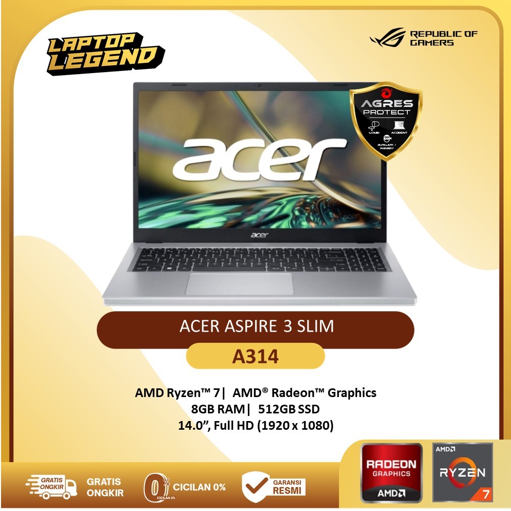 LAPTOP ACER ASPIRE 3 SLIM A314 RYZEN 7 5700 8GB 512GB SSD 14.0FHD
