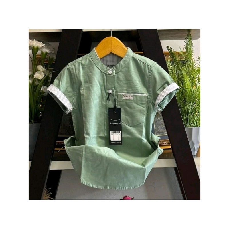 Kurta Anak Laki-laki Lengan Pendek Motif Polos Kombinasi Kotak-kotak Salur