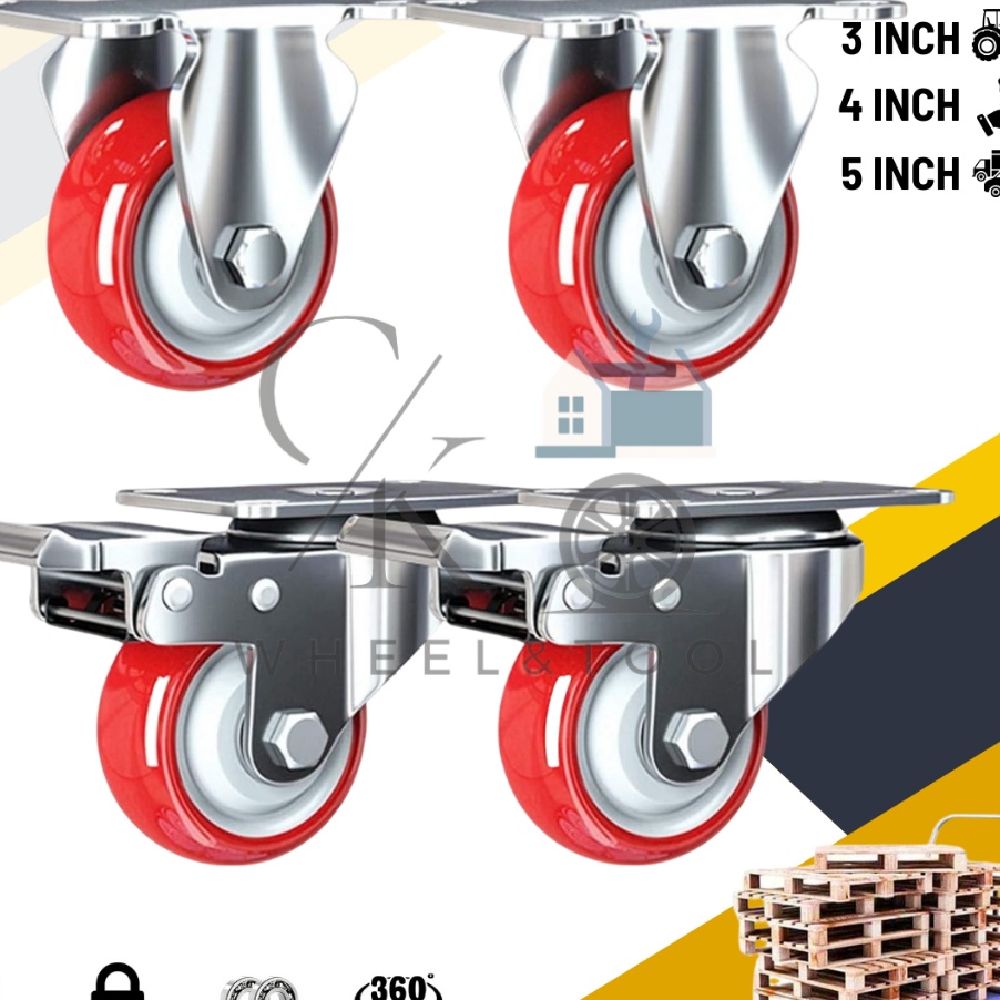 Terbaru RODA CASTER PU MERAH UNTUK TROLY DENGAN BEARING MATI REM 3 4 5 INCH HEAVY DUTY SET 4 PC