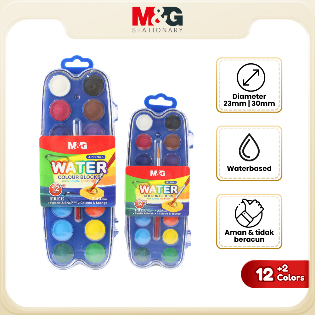 

M&G Mini Water Color Blocks 12+2C 23mm Cat Air Lukis Set 12 Warna