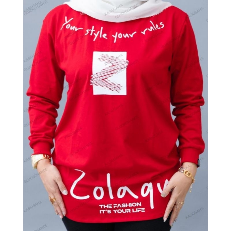 Baju Atasan Kaos Wanita Zolaqu Original Tshirt Semi Tunik Merah Red Impor Ori Couple Pasangan Kekinian Lengan Panjang Ban 3/4 Jumbo Full Size S-M-L-XL-XXL Fashion Korean Style Remaja Ibu-ibu Polos Trendy Senam Viral Hijab Muslim Bahan Katun Kombed 24s
