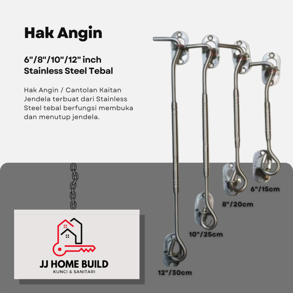 Hak Angin Stainless 6"/8''/10"/12"/Cantolan Jendela Stainless/Penahan Angin Stainless Tebal