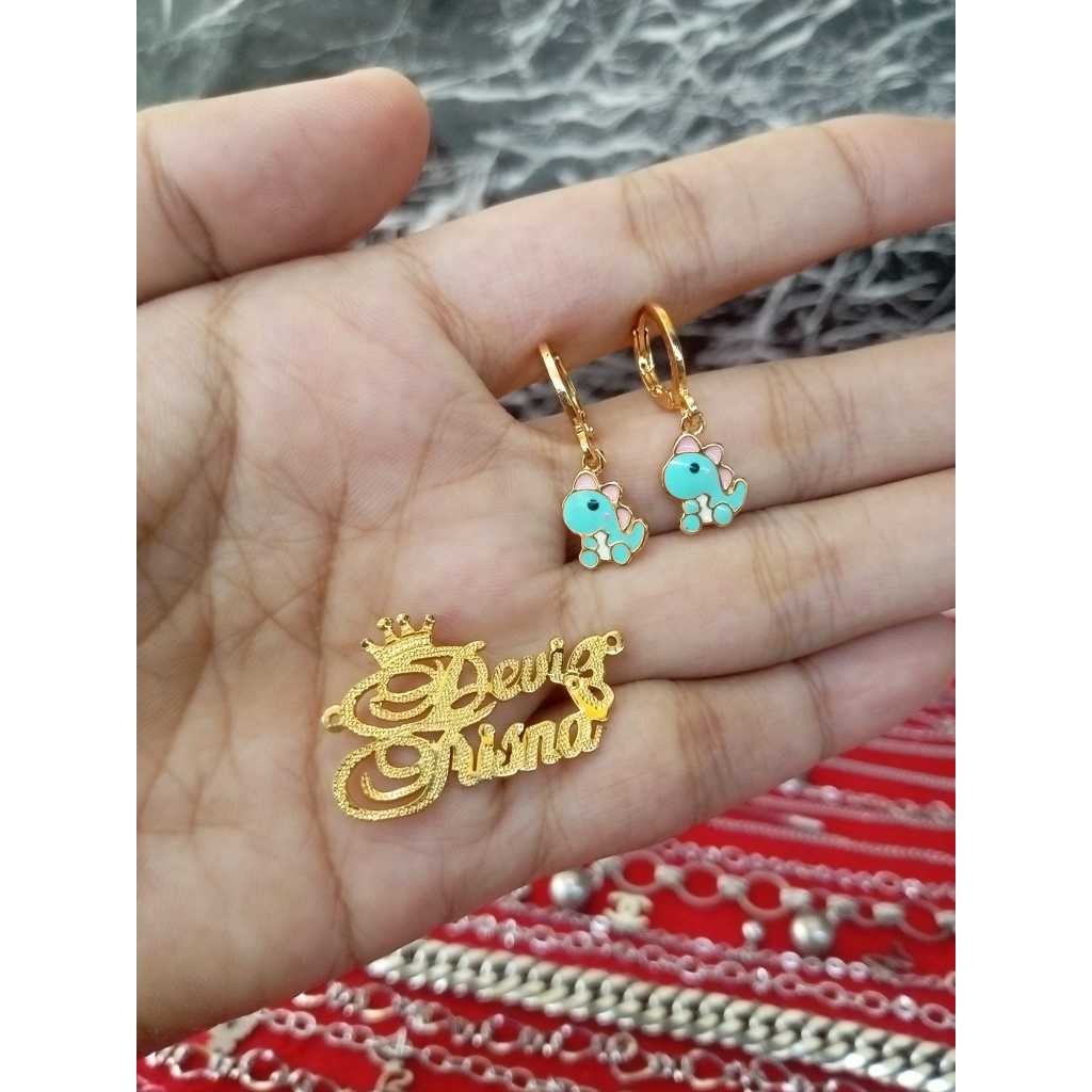 DVT Anting Anak Dino Hijau Tosca Lapis Emas Asli 24k