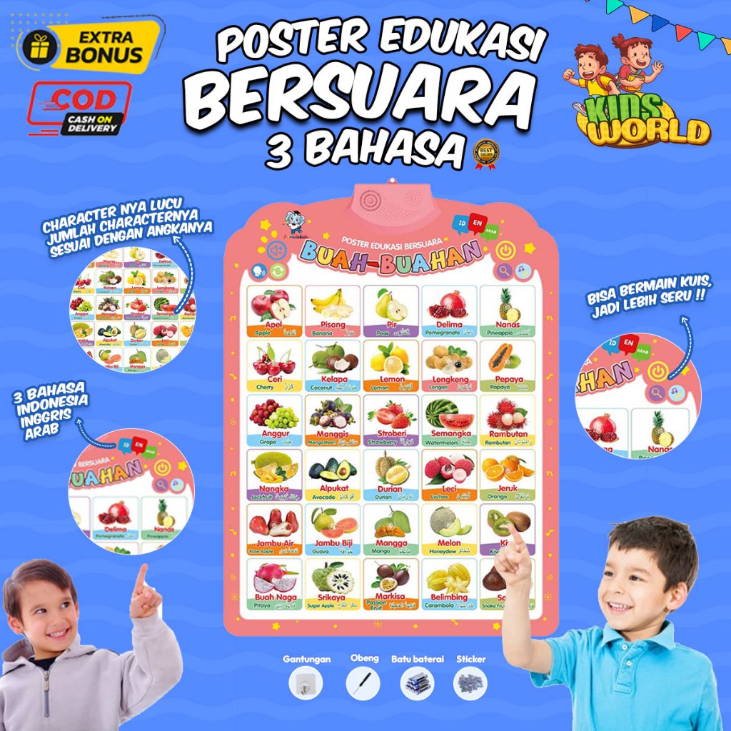 Belajar buah buahan Poster edukasi bersuara bermain sambil belajar bahasa indonesia inggris arab