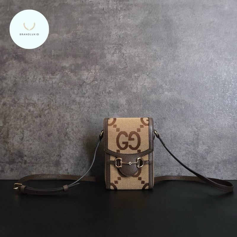 Gucci Mini Vertical Horsebit Supreme Bag / Phone Holder In Jumbo GG Beige / Brown