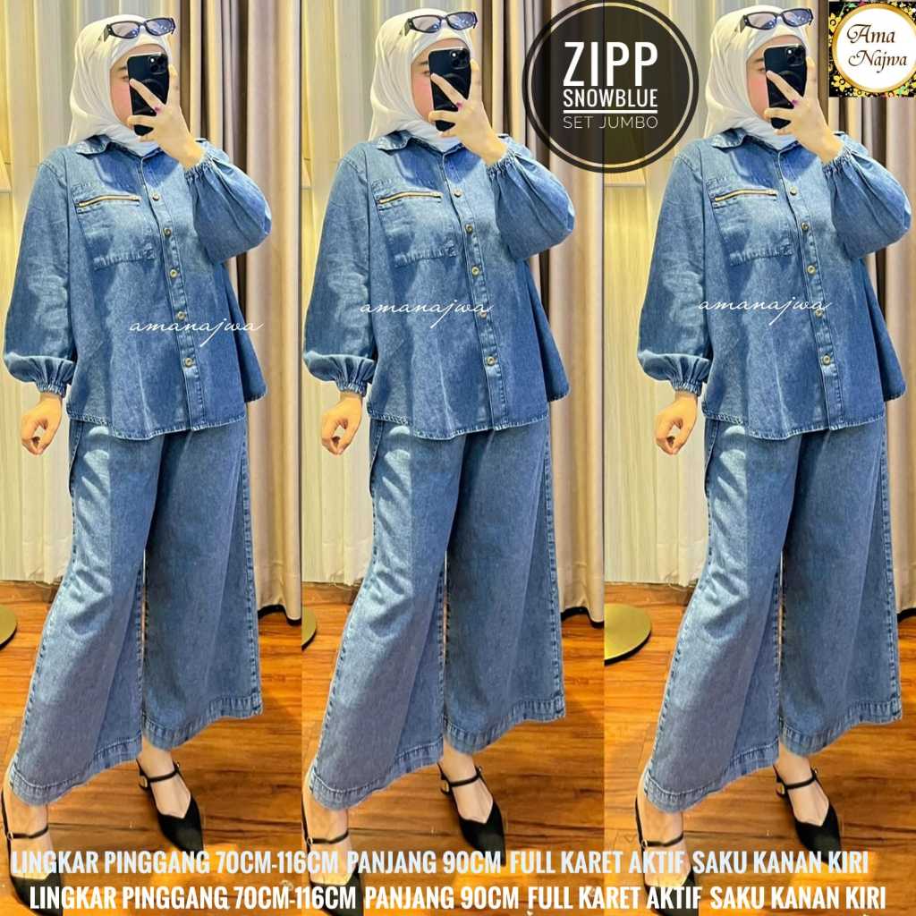 zip setelan setcel jeans denim wanita jumbo xxxl ld 120 washed import polos premium terbaru kekinian