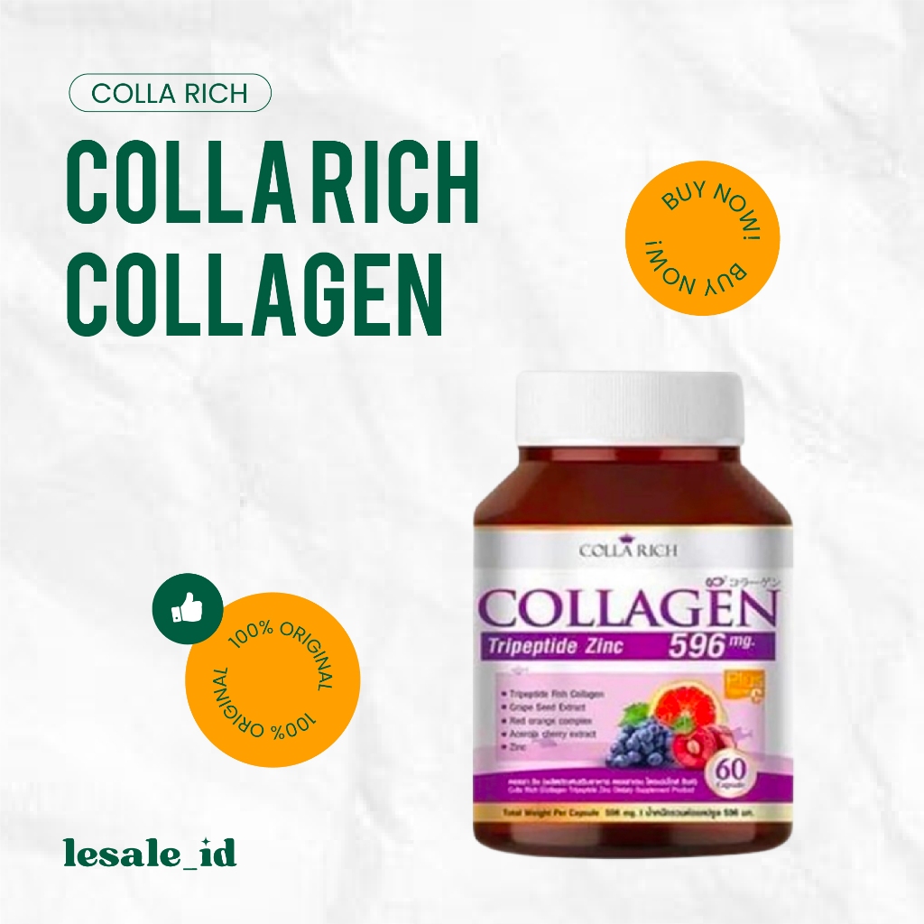COLLA RICH Collagen Tripeptide Zinc 596 mg 60 Capsule / Kapsul Kolagen Minum - ORIGINAL THAILAND FDA