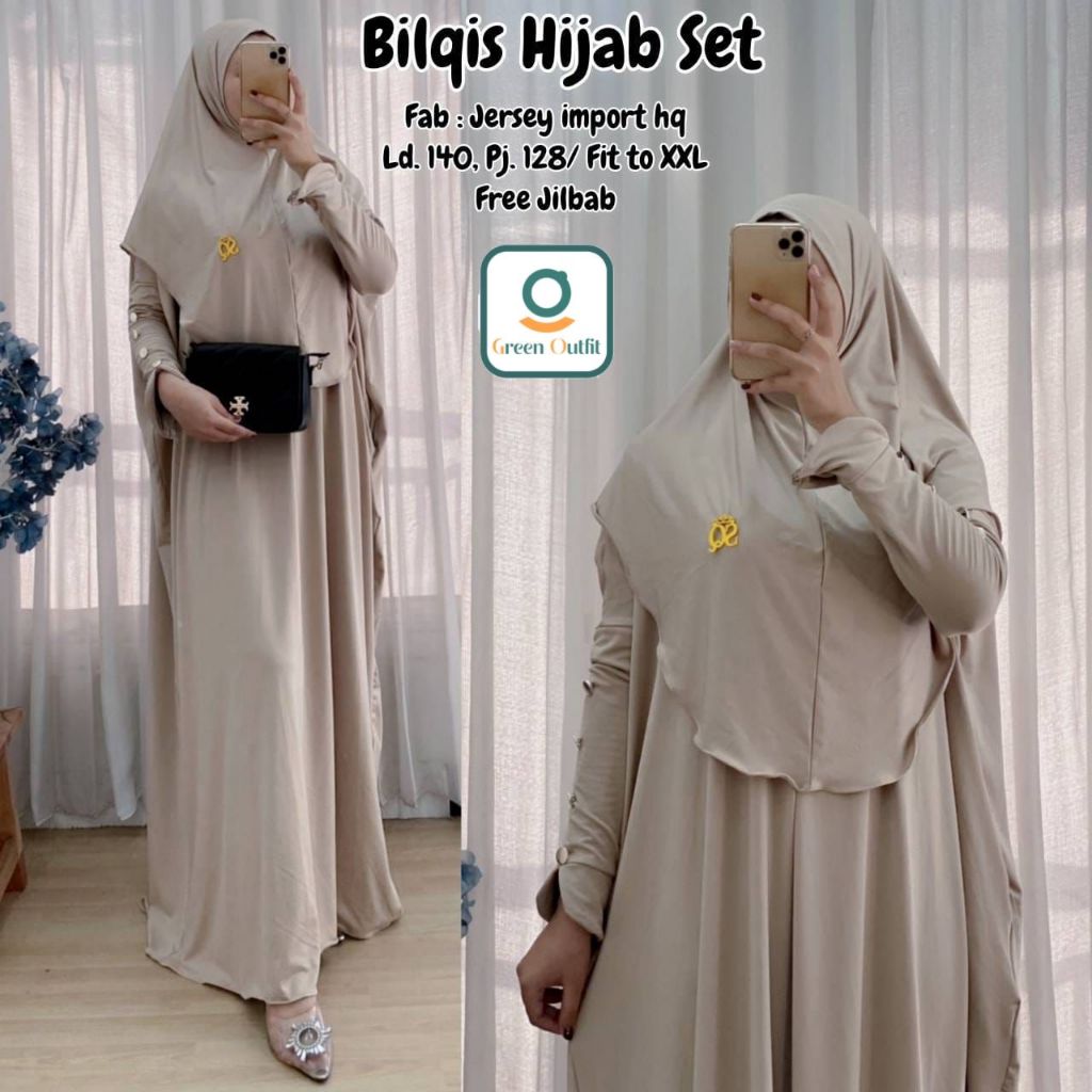 bilqis gamis dress maxi pakaian baju set hijab wanita cewe remaja dewasa muslim motif polos ukuran b