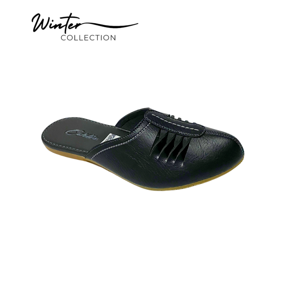 WINTERCOLLECT SANDAL WANITA CORLIS TUTONG BUSTONG KULIT KARET MOTIF SOBEK WARNA HITAM