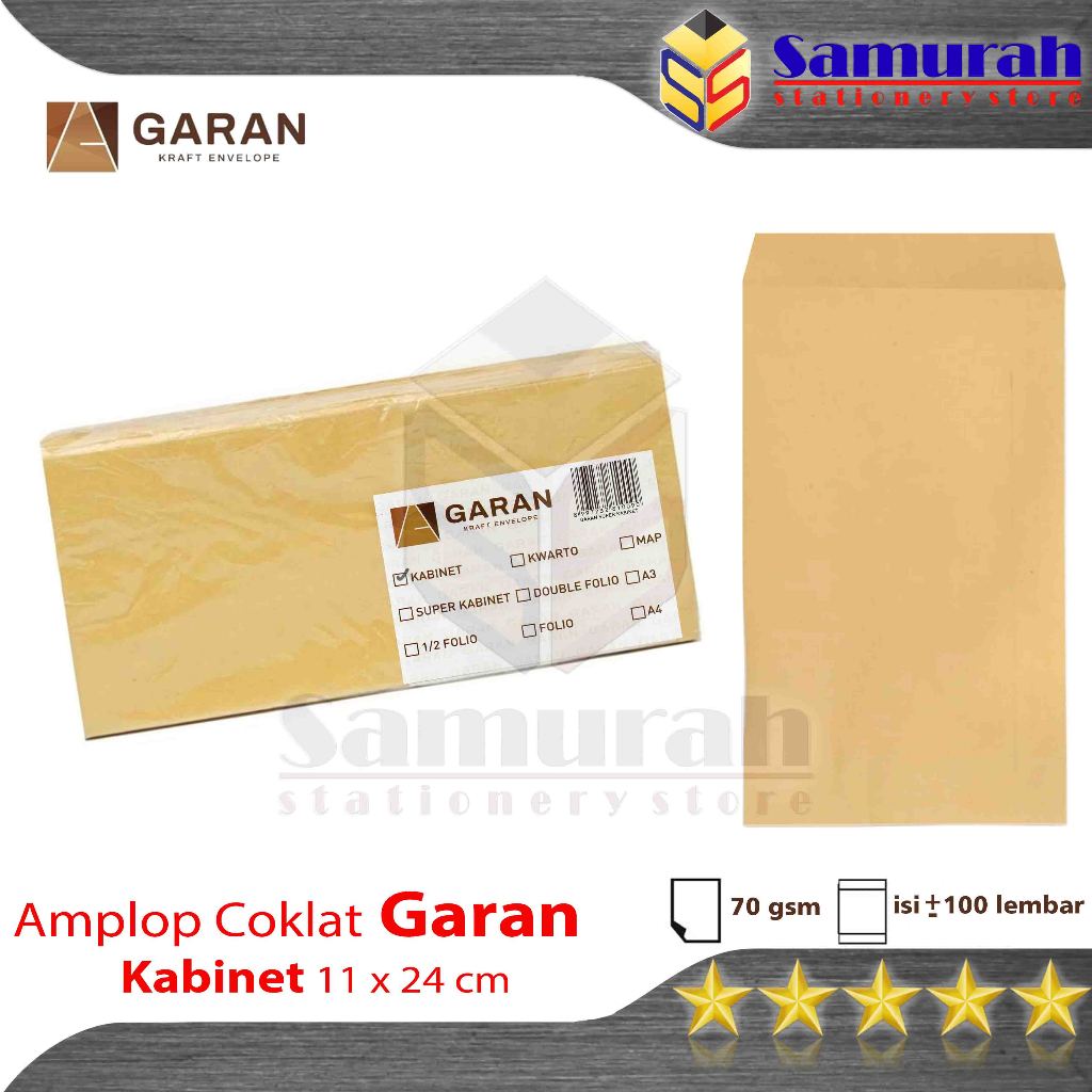 

Amplop Kertas Coklat GARAN Ukuran Kabinet 11 x 24 cm 1 pak isi 100 / Amplop Gaji 70 Gsm - Gram Cabinet