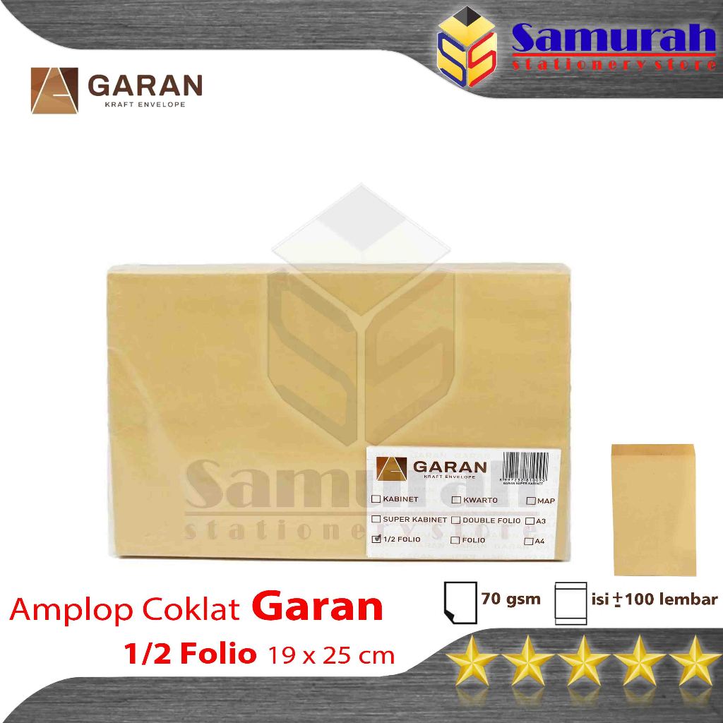 

Amplop Kertas Coklat GARAN Ukuran 1/2 Folio 19 x 25 cm 1 pak isi 100 tebal 70 Gsm / Gram 19x25