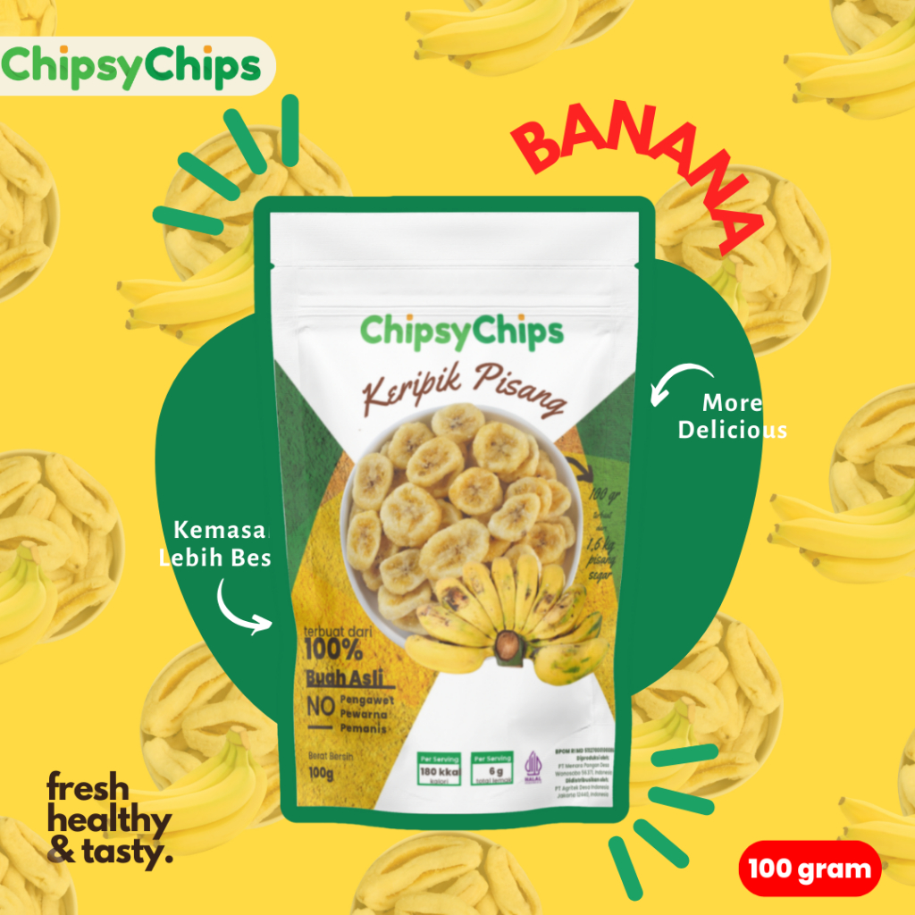 

CHIPSYCHIPS KERIPIK BUAH PISANG 100GR / FRUIT CHIPS BANANA/ HEALTHY SNACK HALAL & BPOM