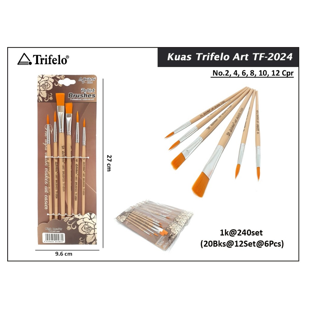 

kuas set trifello kode tf 2024 nylon ( kertas coklat isi 6 kuas) 2 flat 4 round br8 joyko killer
