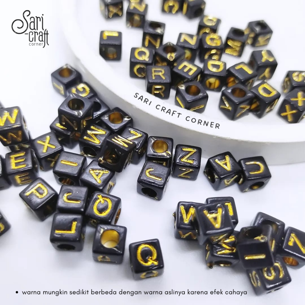 Manik Huruf Kubus Hitam Gold 6x6mm - 50gr