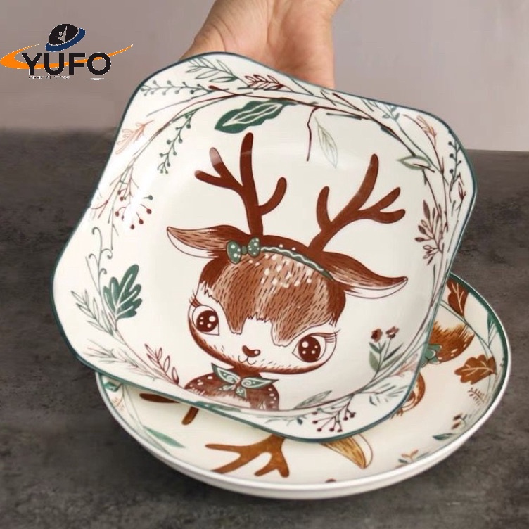 Piring Keramik 8Inci Square Motif NEW DEER Piring Makan Keramik Bentuk Persegi